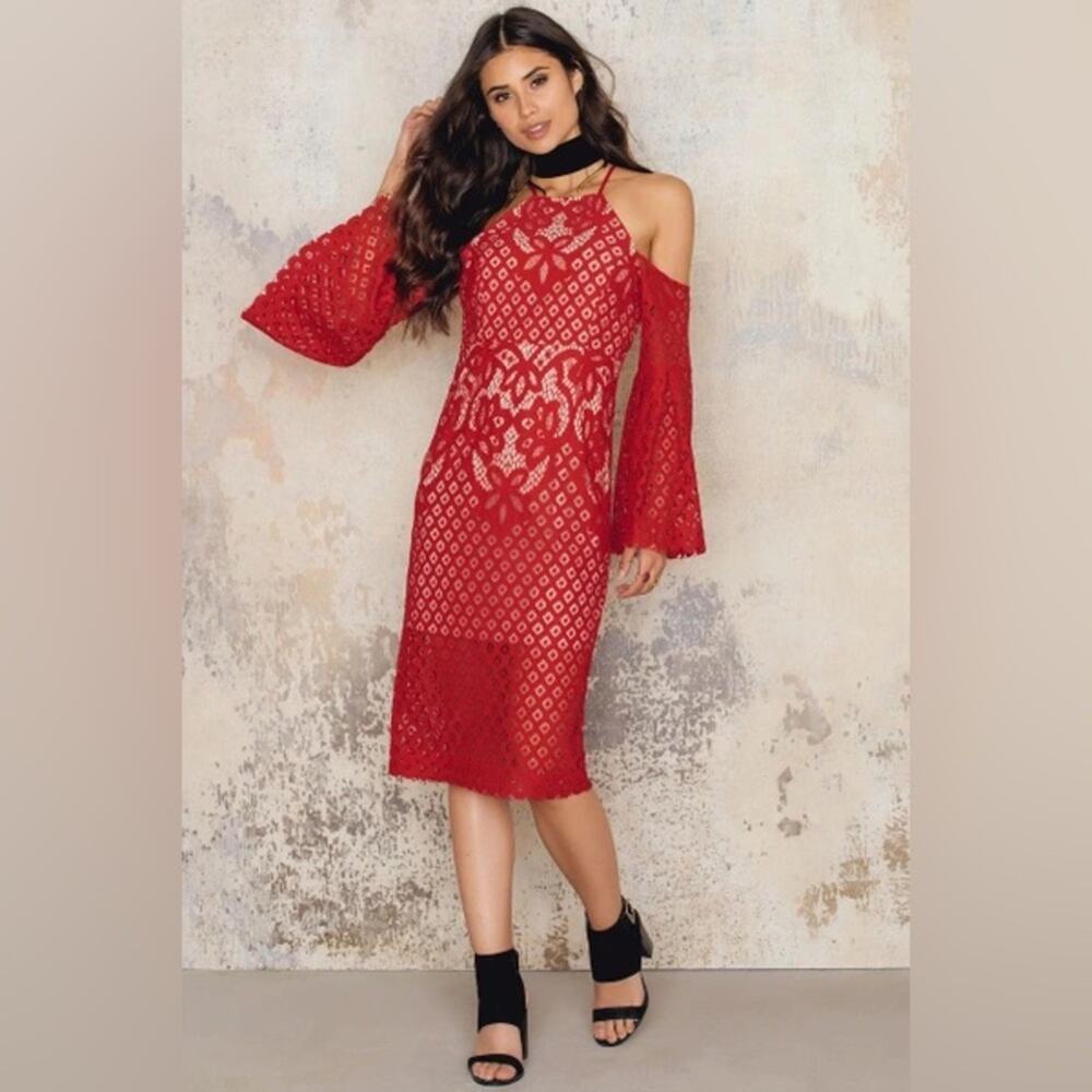 BARDOT Mila Lace Dress in Red with Bell Sleeves and Shoulder Cutouts 4